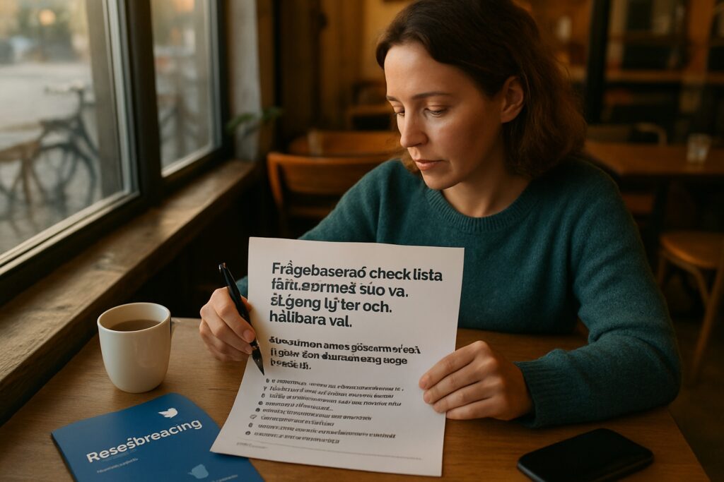 Frågebaserad checklista för resa med skydd, tillgänglighet och hållbara val